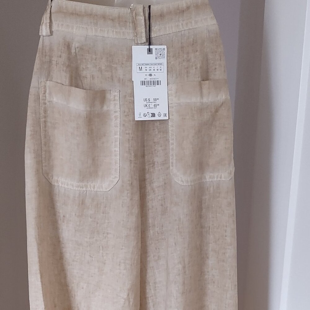 ZARA NWT Full Length Beige Bronze Linen Blend Trousers Size MEDIUM - Picture 8 of 11